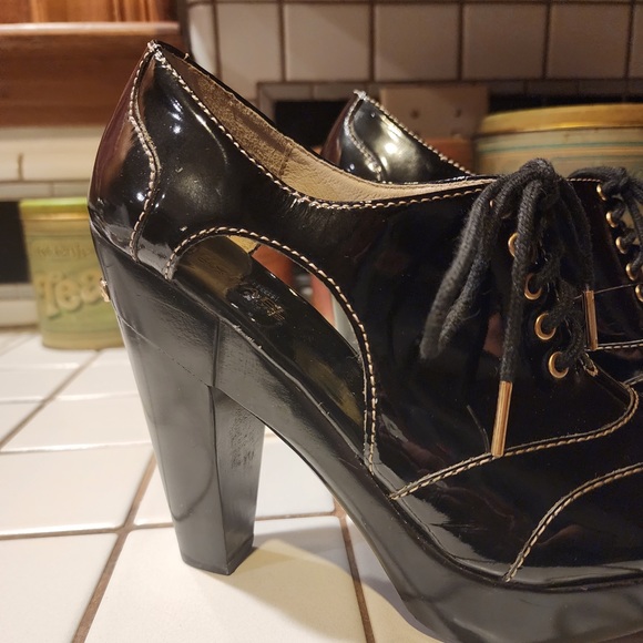 MICHAEL Michael Kors Peep Toe Oxford Black Patent Leather Heels 8.5 - Picture 7 of 12